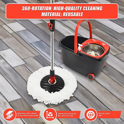 Spin Rotating Mop And Bucket Set - 4 Microfibre Mop Heads