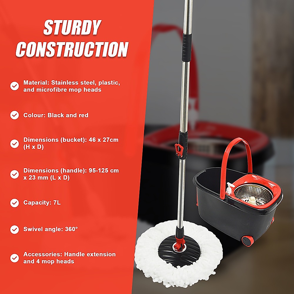 Spin Rotating Mop And Bucket Set - 4 Microfibre Mop Heads