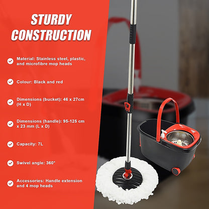 Spin Rotating Mop And Bucket Set - 4 Microfibre Mop Heads