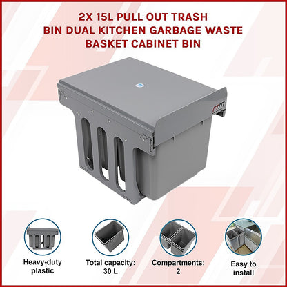 2X 15L Pull Out Trash Bin - Dual Kitchen Garbage Waste Cabinet