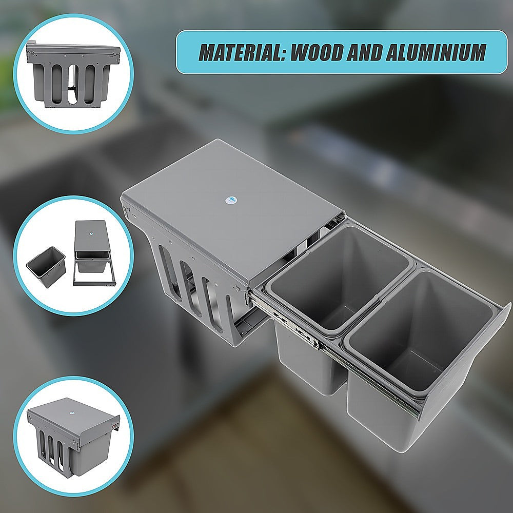 2X 15L Pull Out Trash Bin - Dual Kitchen Garbage Waste Cabinet