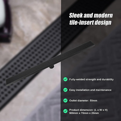 900Mm Black Grate Shower Drain Square Pattern
