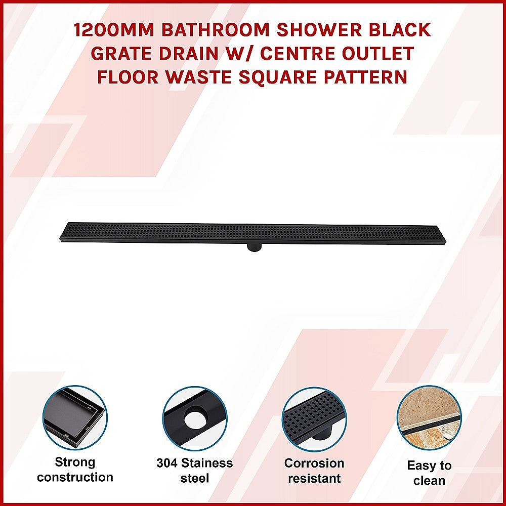 1200Mm Black Grate Shower Drain Square Pattern