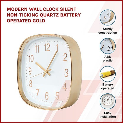 Modern Silent Wall Clock - Non-Ticking Quartz Battery Operated Gold