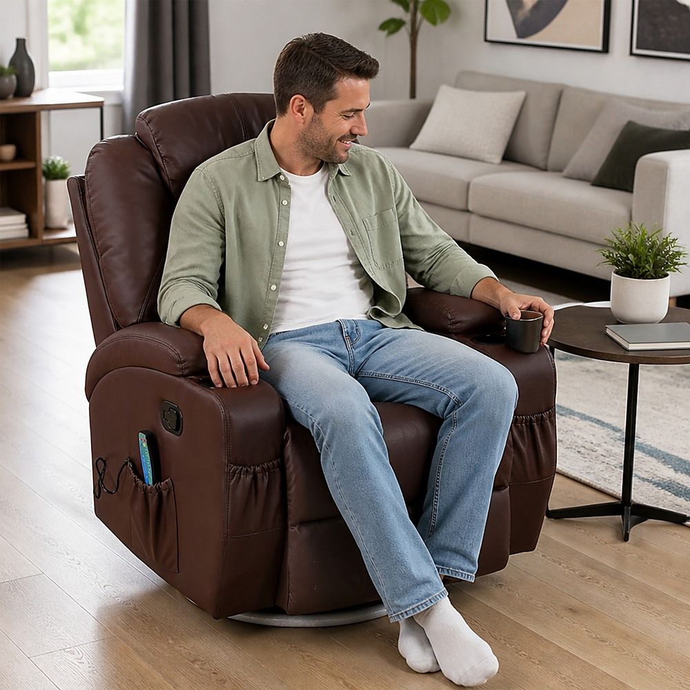 Heated Massage Chair – Brown PU Leather 360° Swivel Recliner