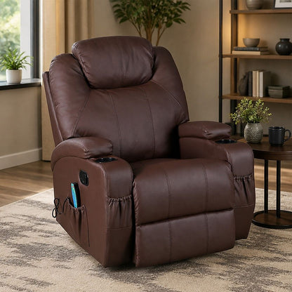 Heated Massage Chair – Brown PU Leather 360° Swivel Recliner
