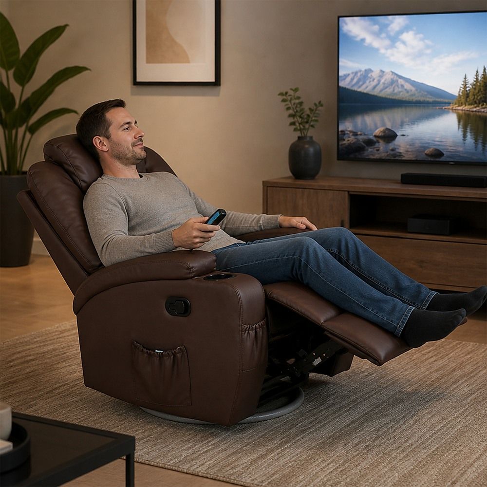 Heated Massage Chair – Brown PU Leather 360° Swivel Recliner