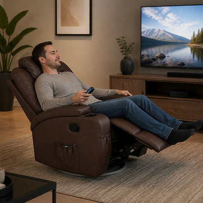 Heated Massage Chair – Brown PU Leather 360° Swivel Recliner