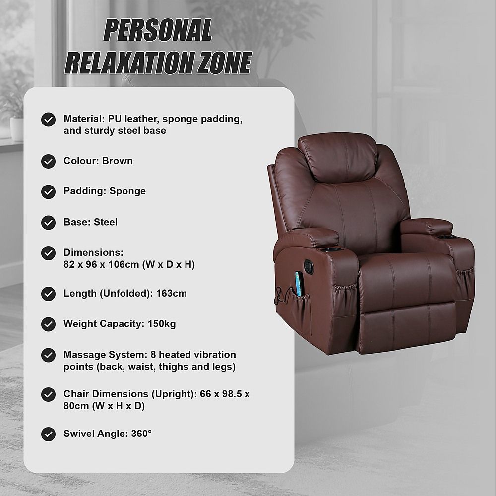 Heated Massage Chair – Brown PU Leather 360° Swivel Recliner
