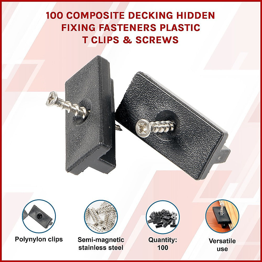 Composite Decking Hidden Fixing Fasteners (100 Plastic T Clips & Screws)