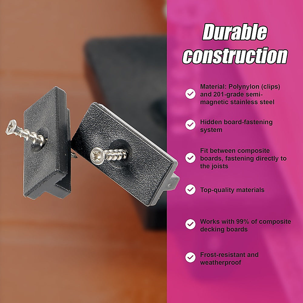 Composite Decking Hidden Fixing Fasteners (100 Plastic T Clips & Screws)