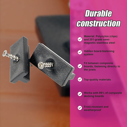 Composite Decking Hidden Fixing Fasteners (100 Plastic T Clips & Screws)