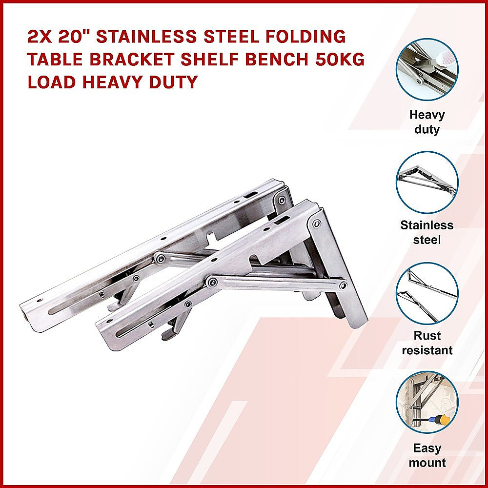 Heavy Duty Stainless Steel Folding Table Bracket (2X 20", 50Kg Load)