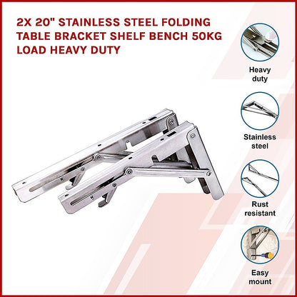 Heavy Duty Stainless Steel Folding Table Bracket (2X 20", 50Kg Load)