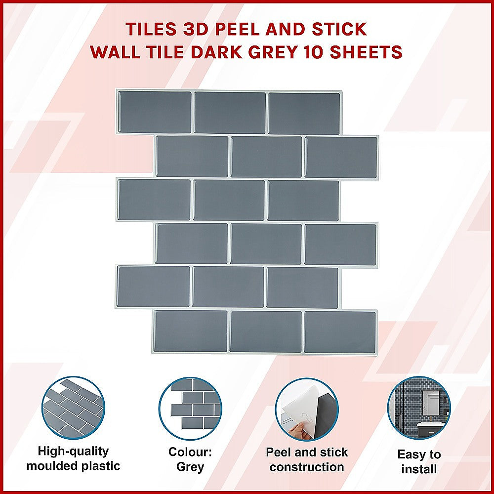 Tiles 3D Peel And Stick Wall Tile Dark Grey 10 Sheets