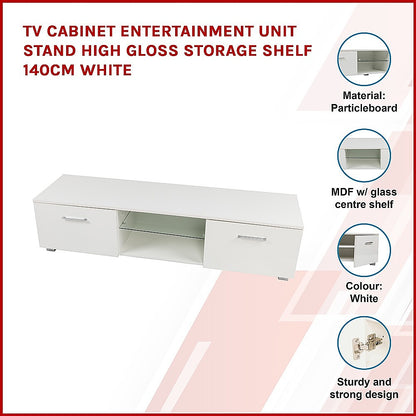 Tv Cabinet Entertainment Unit High Gloss 140Cm White Shelf