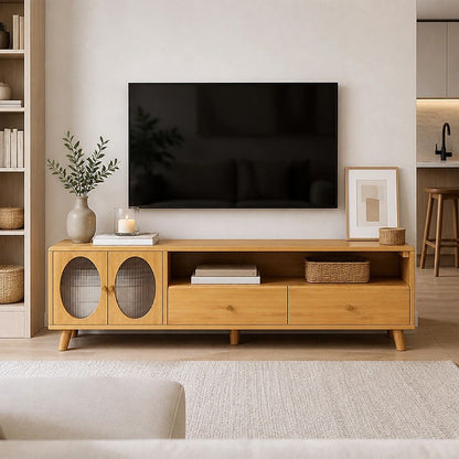 140cm Bamboo TV Cabinet Entertainment Unit with Drawers Media Storage Console Stand