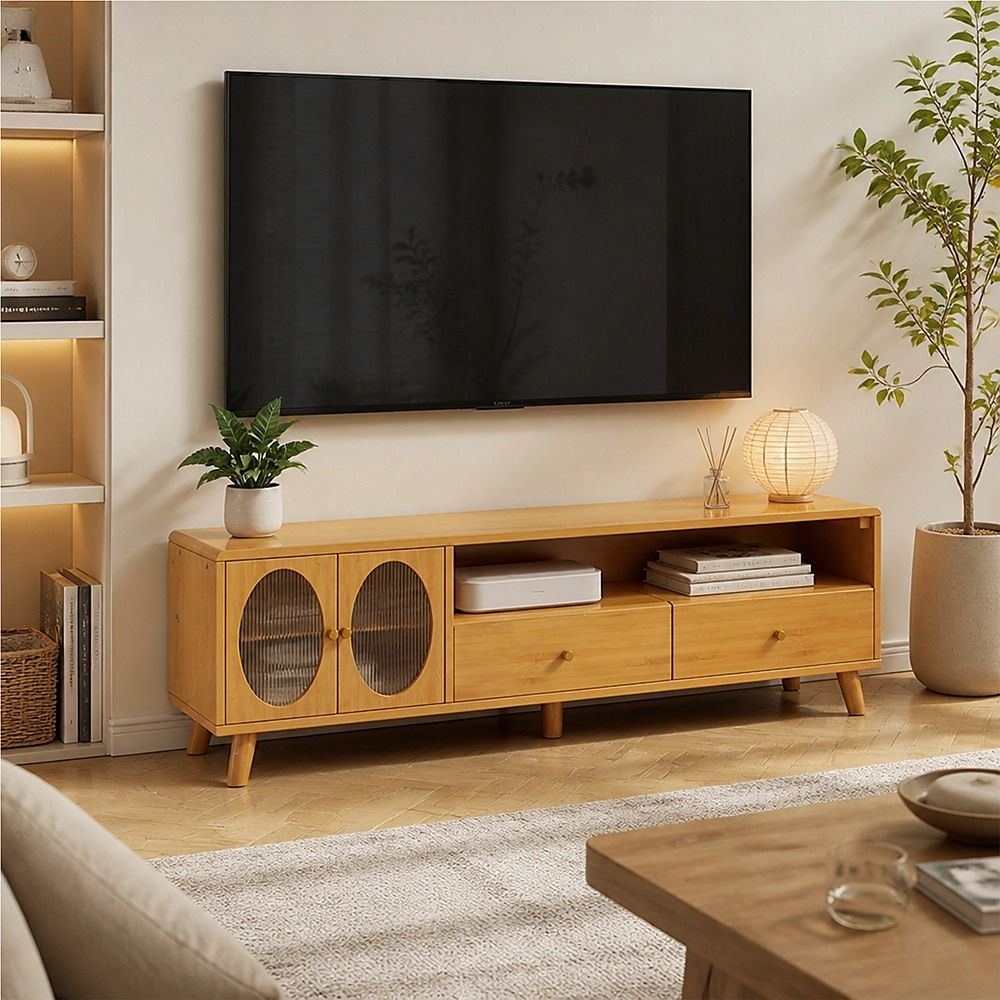 140cm Bamboo TV Cabinet Entertainment Unit with Drawers Media Storage Console Stand