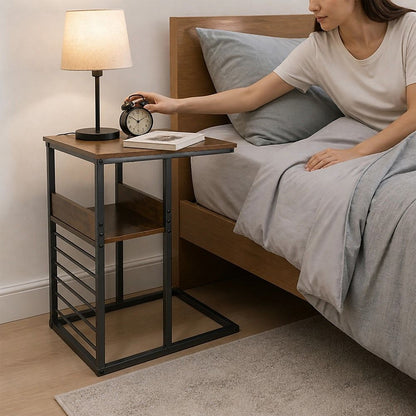 Industrial C Shaped Sofa Side Table with Wooden Shelf Couch Laptop Snack End Table