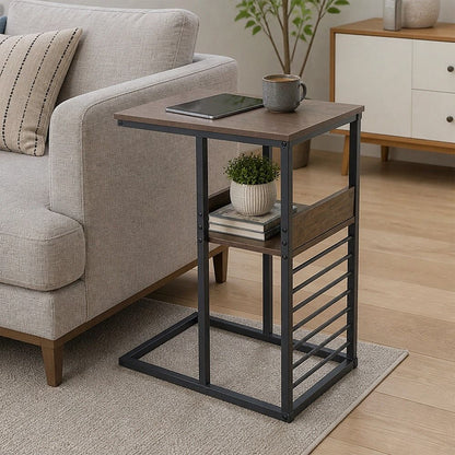 Industrial C Shaped Sofa Side Table with Wooden Shelf Couch Laptop Snack End Table