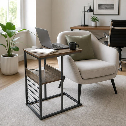Industrial C Shaped Sofa Side Table with Wooden Shelf Couch Laptop Snack End Table