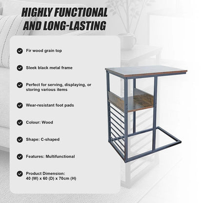 Industrial C Shaped Sofa Side Table with Wooden Shelf Couch Laptop Snack End Table