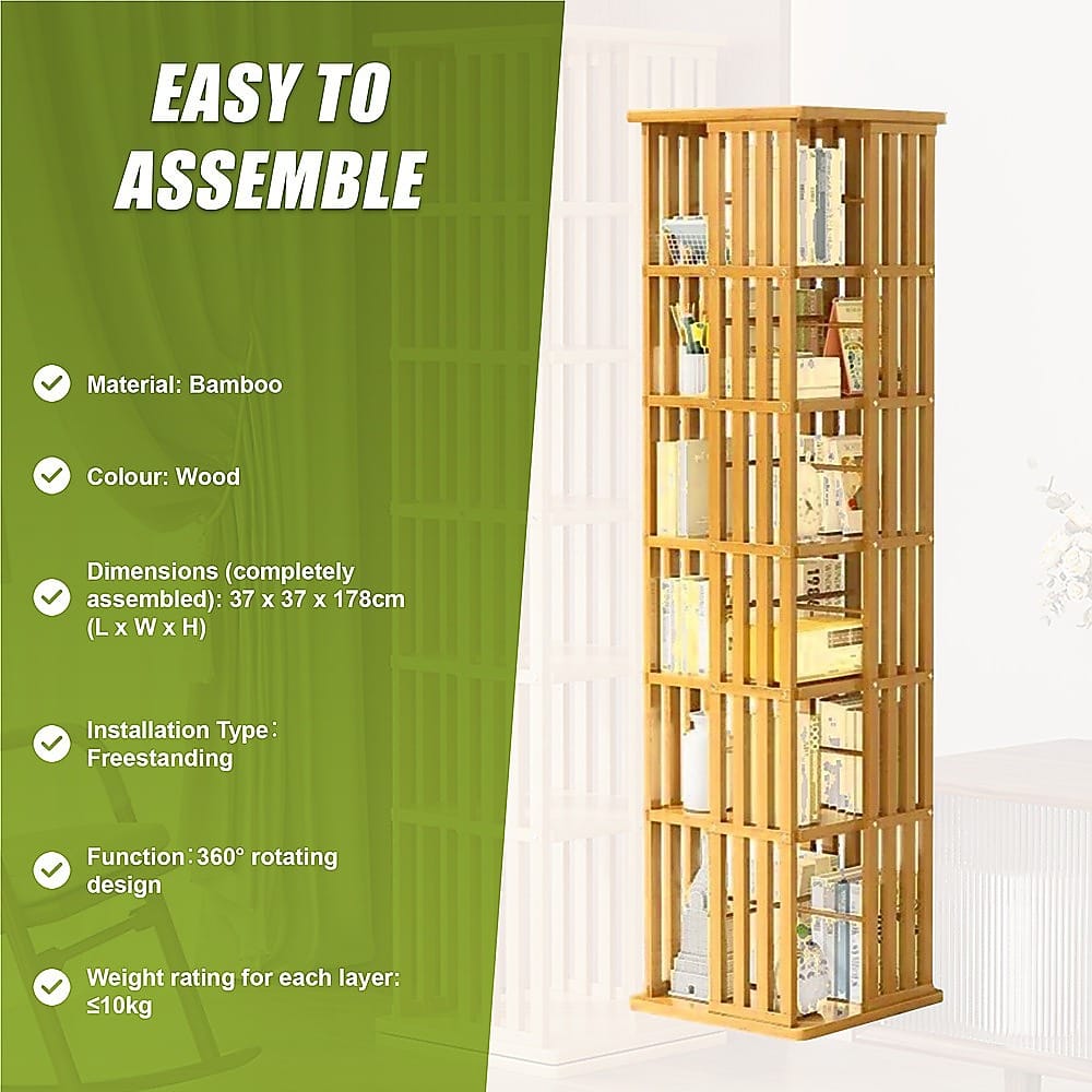 Bamboo Bookshelf 360 Rotating 37x37x178cm