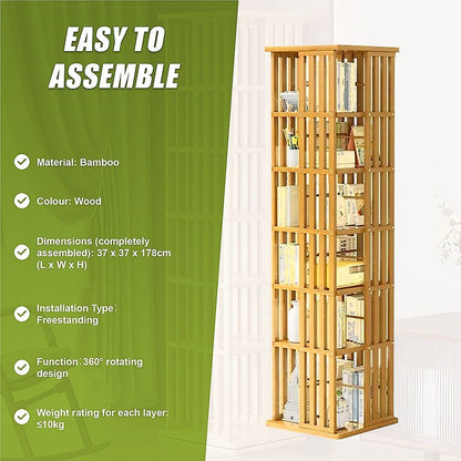 Bamboo Bookshelf 360 Rotating 37x37x178cm