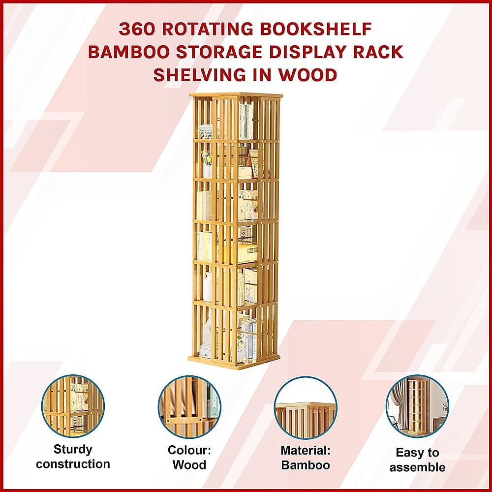 Bamboo Bookshelf 360 Rotating 37x37x178cm