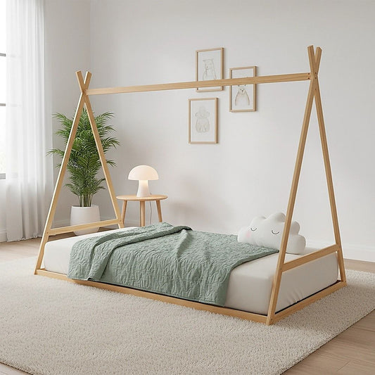 Kids Tent Montessori Toddler Floor Bed Wooden Bedframe Slat Support