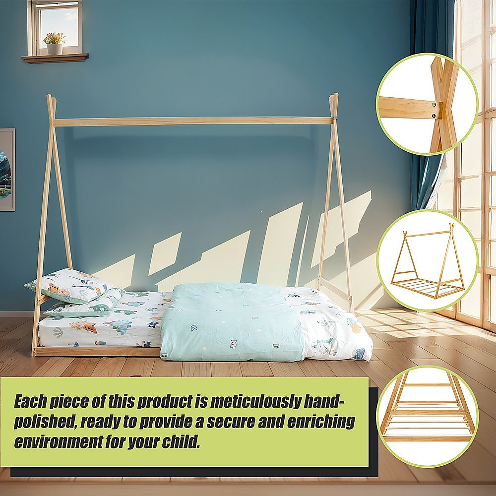 Kids Tent Montessori Toddler Floor Bed Wooden Bedframe Slat Support