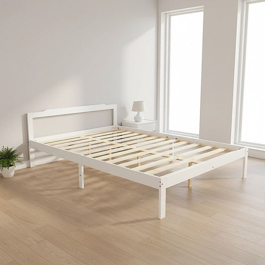 Double Wooden Bed Frame Home Furniture White Slat Support Wooden