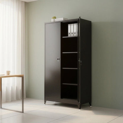 Black Two Door Metal Storage Cabinet with Legs Adjustable Shelf Lockable Steel Cupboard for Home Office Gym
