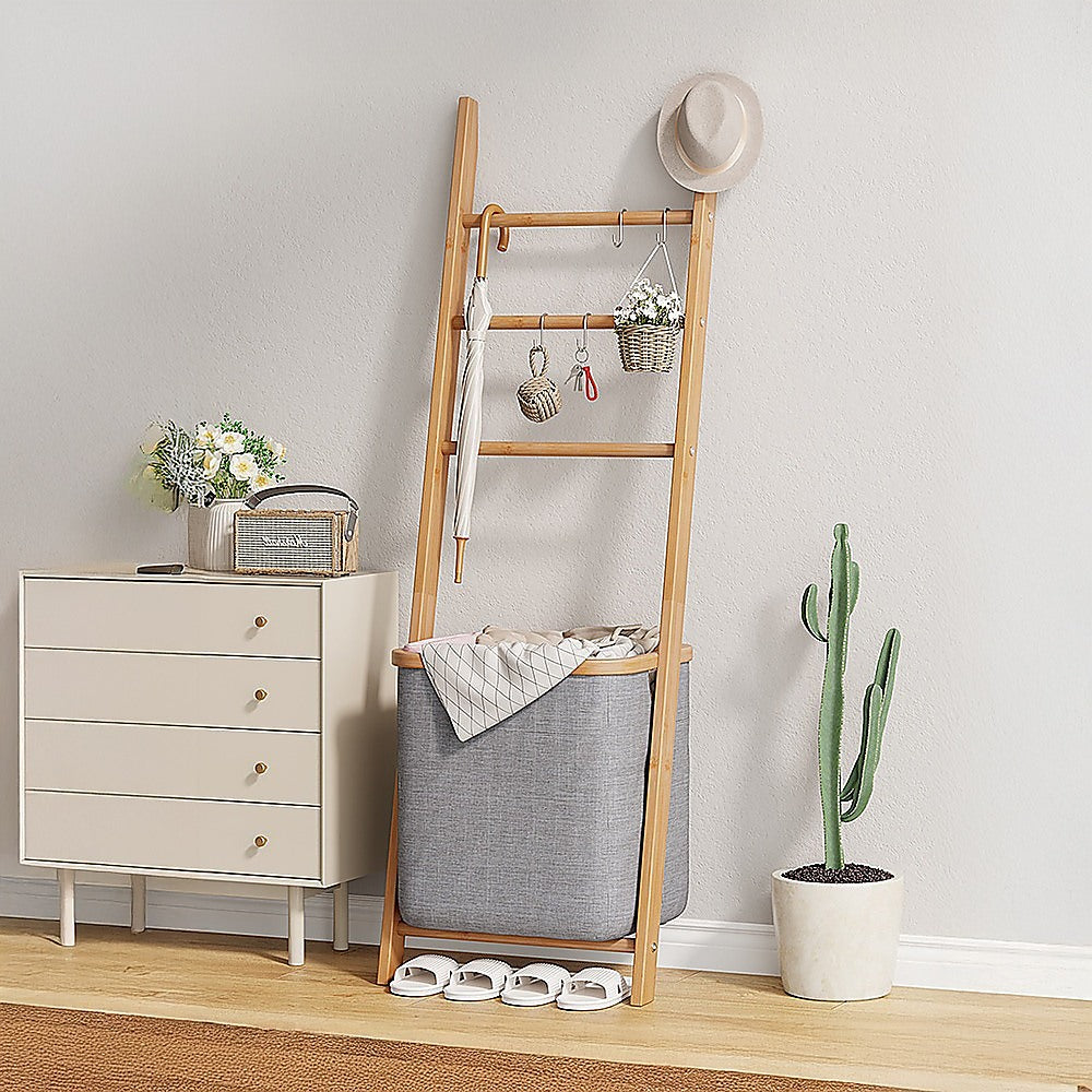 Grey Wall Leaning Shelf With Laundry Hamper
