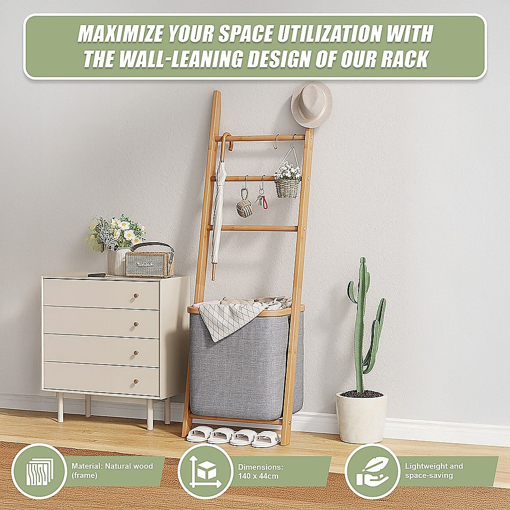 Grey Wall Leaning Shelf With Laundry Hamper