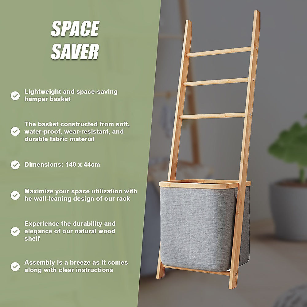 Grey Wall Leaning Shelf With Laundry Hamper