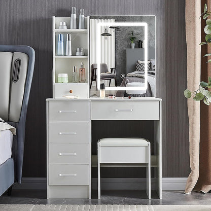 Dressing Table LED Makeup Mirror Stool Set Vanity Desk With Drawer Lighted