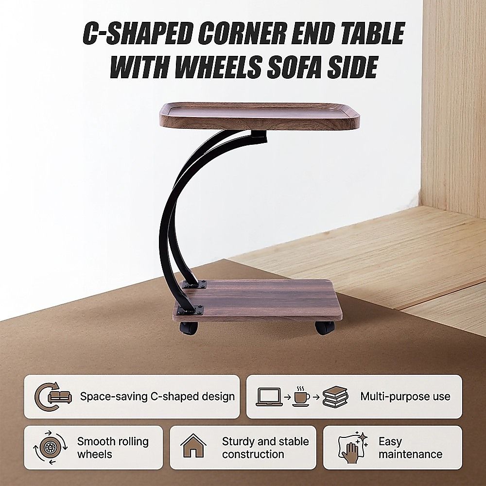 C-Shaped Side Table Wheels Sofa End Table | Home & Living - 10