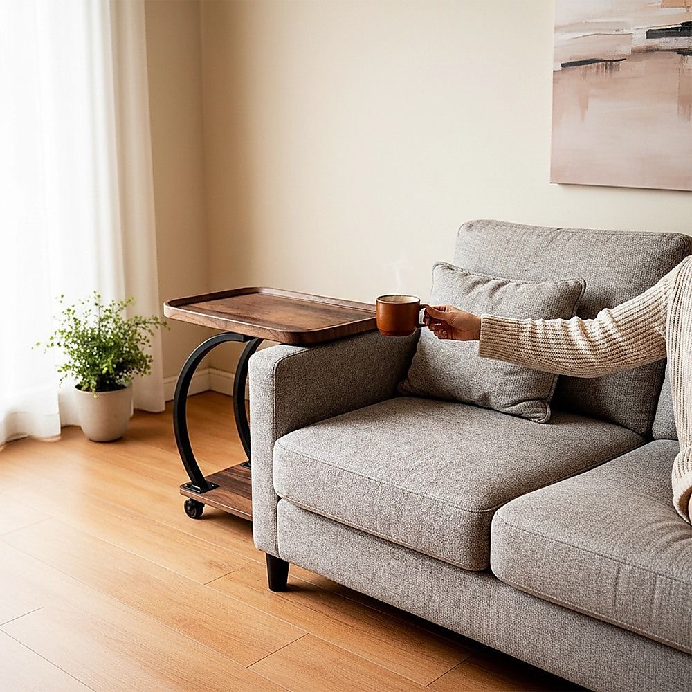 C-Shaped Side Table Wheels Sofa End Table | Home & Living - 2