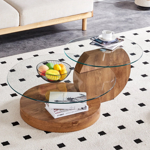  'MINORI' Double Layer Clear Tempered Glass Dark Wood Grain Coffee Table