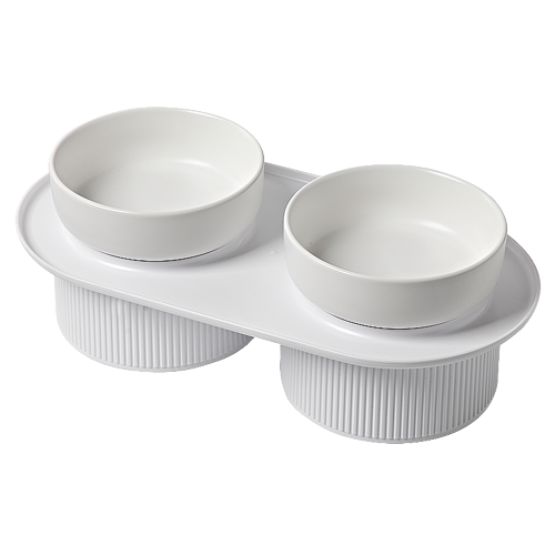  Ribbed Ceramic Double Pet Bowl 3Pc Set Emerald/Pink/White