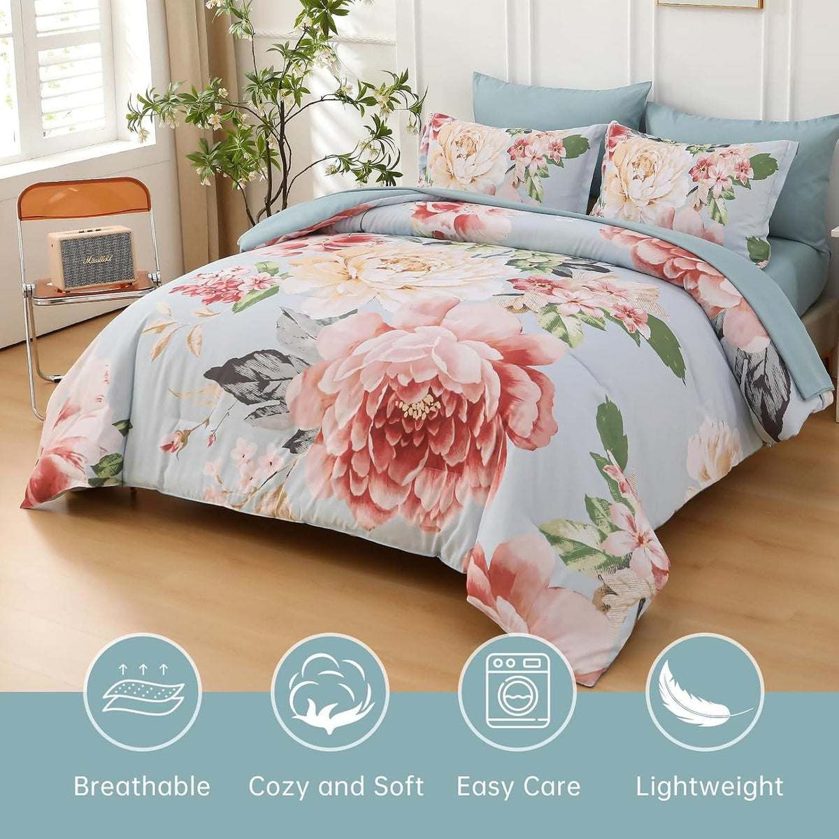 Queen Comforter Set Blush Floral 48x74cm
