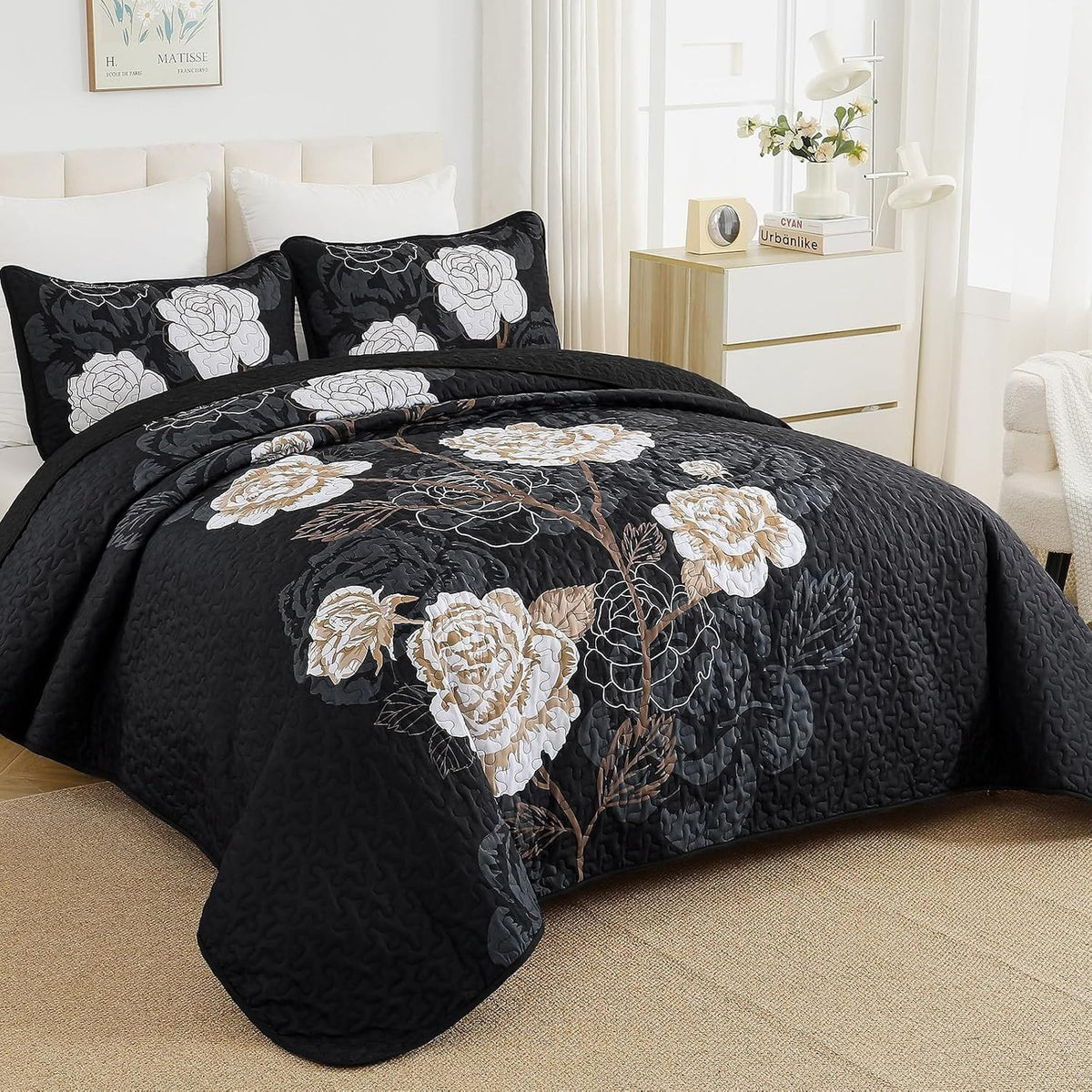 Black Floral Bedspread Set 230x250cm