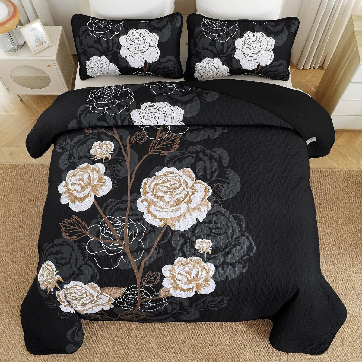 Black Floral Bedspread Set 230x250cm