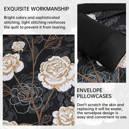 Black Floral Bedspread Set 230x250cm
