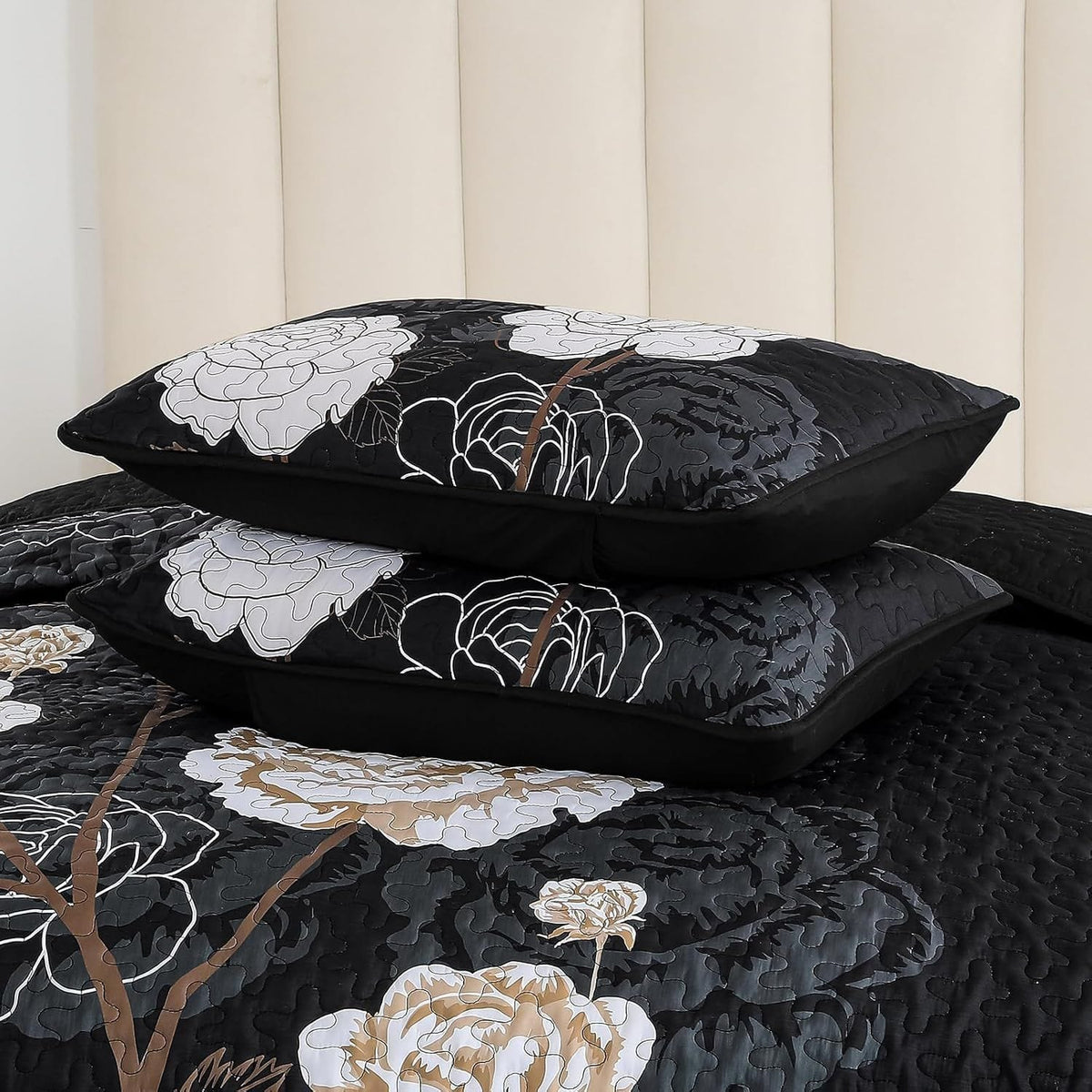 Black Floral Bedspread Set 230x250cm