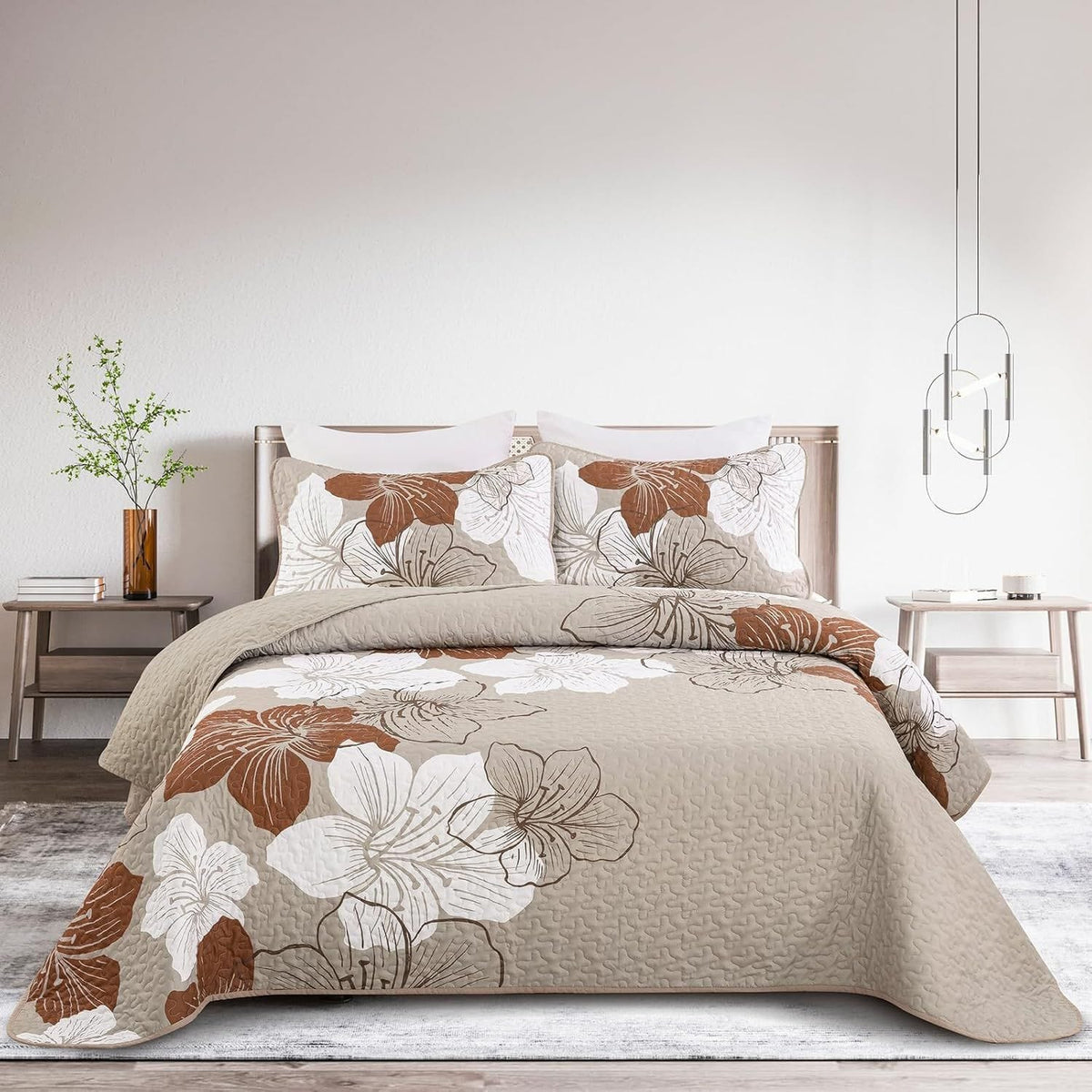 Taupe Floral Bedspread Set 230x250cm