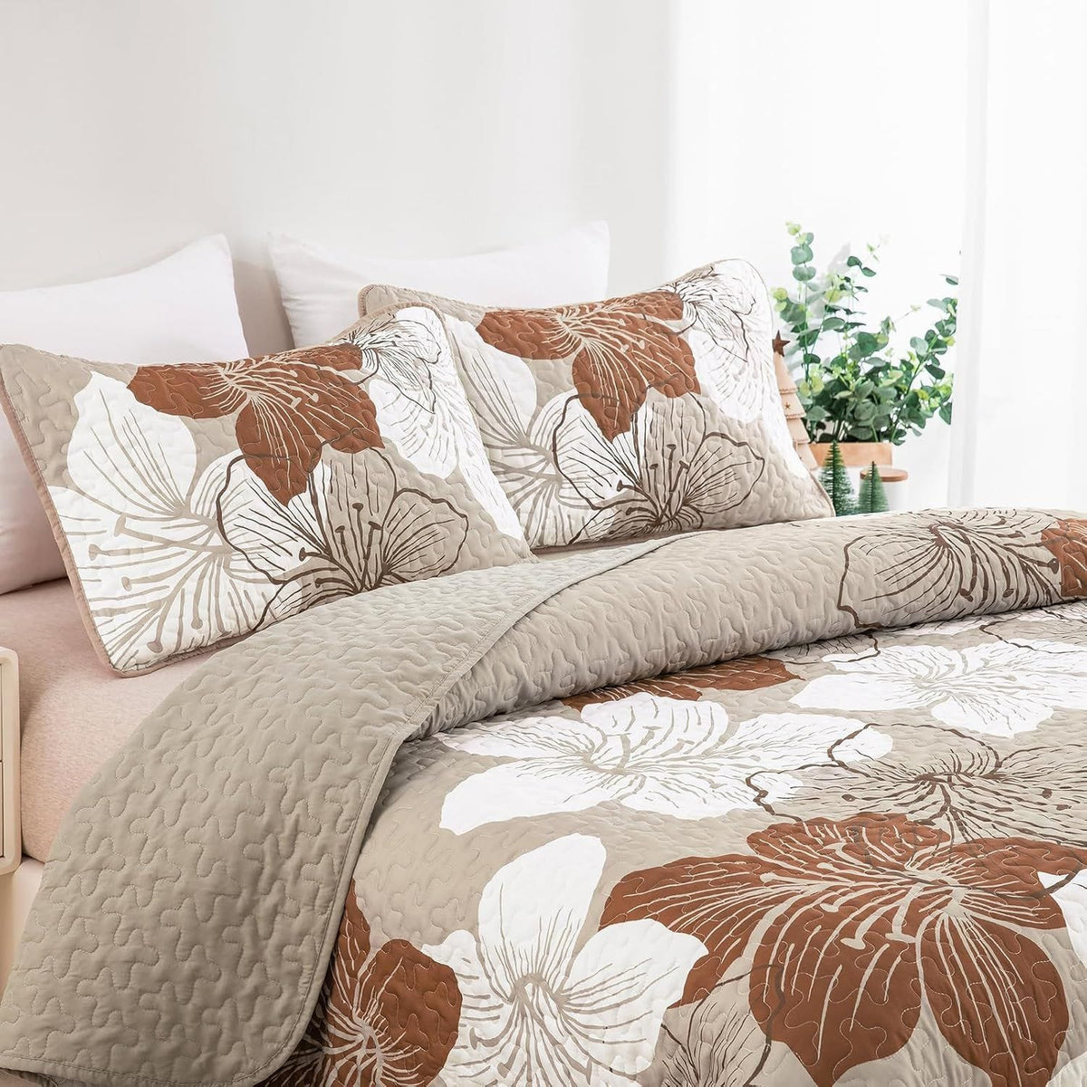 Taupe Floral Bedspread Set 230x250cm