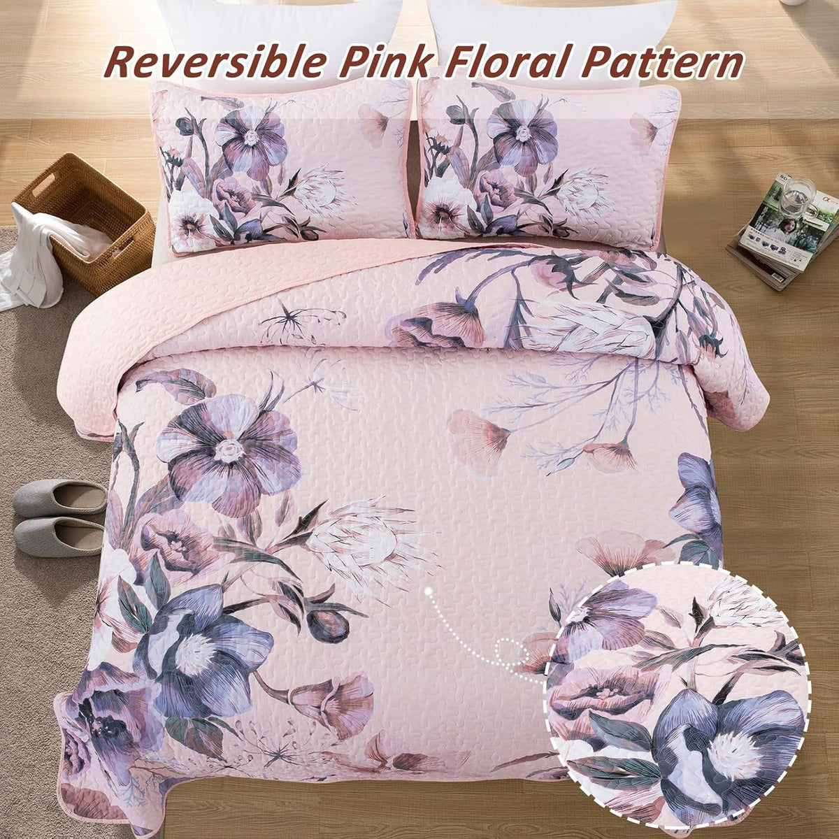Pink Floral Bedspread Set 230x250cm