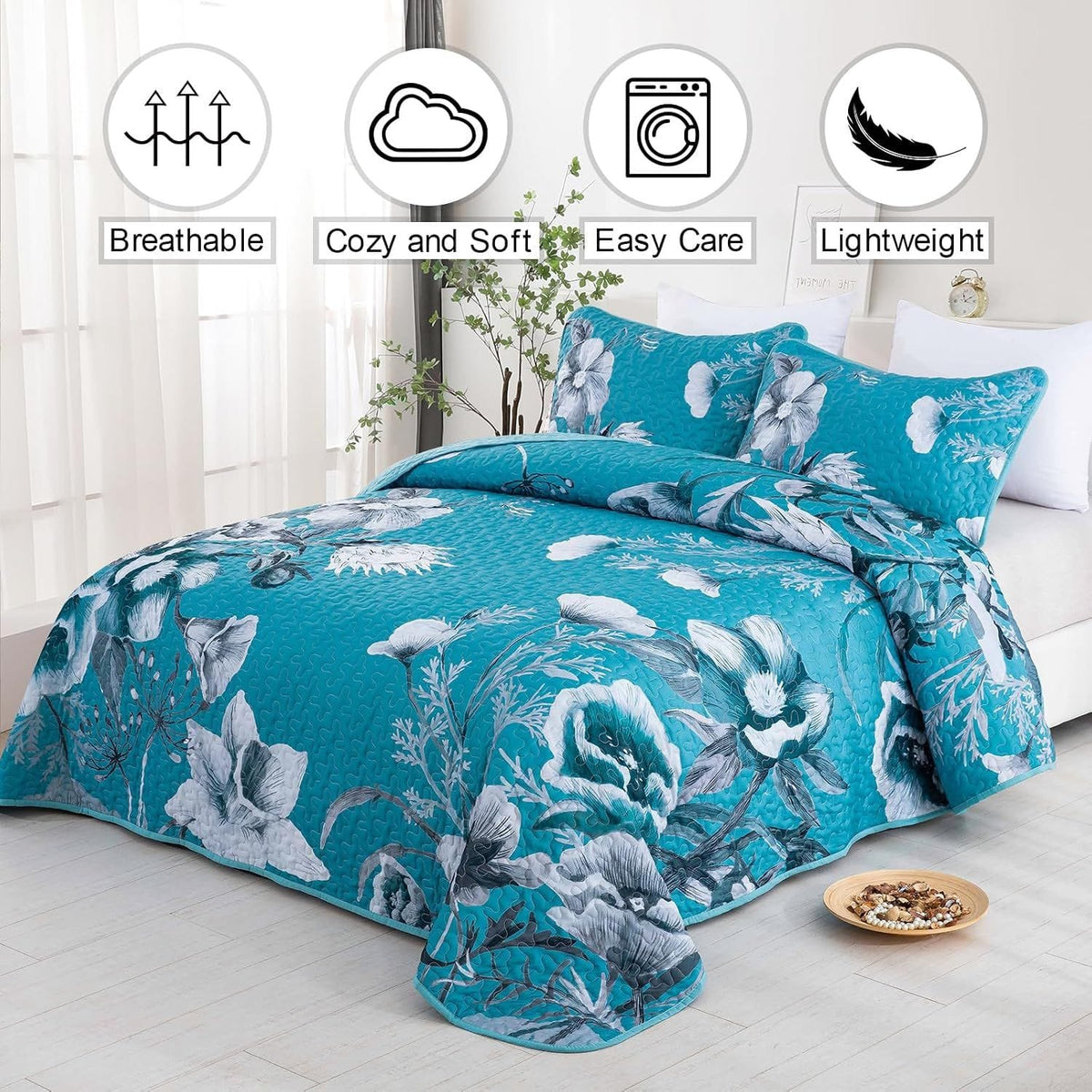 Blue Floral Bedspread Set 230x250cm